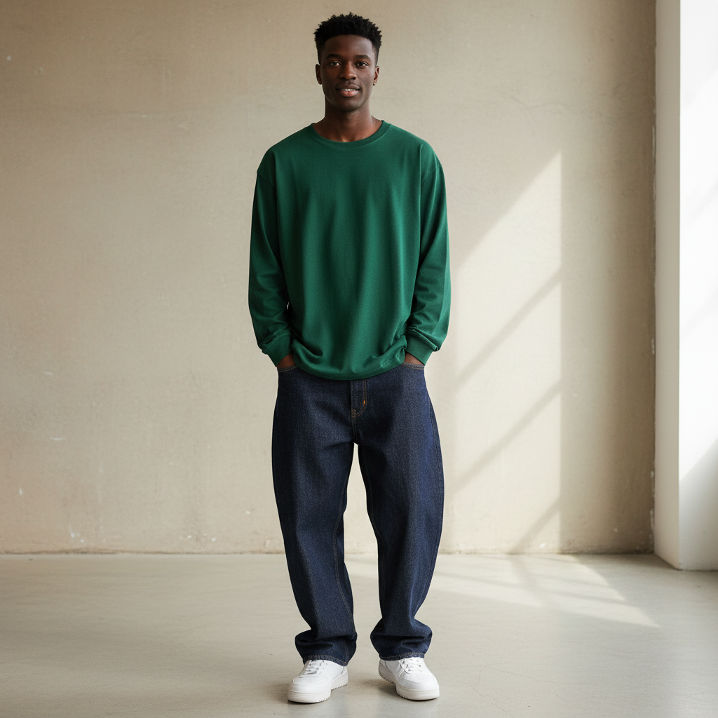 Front View - Green Long-Sleeve with Black Male Model