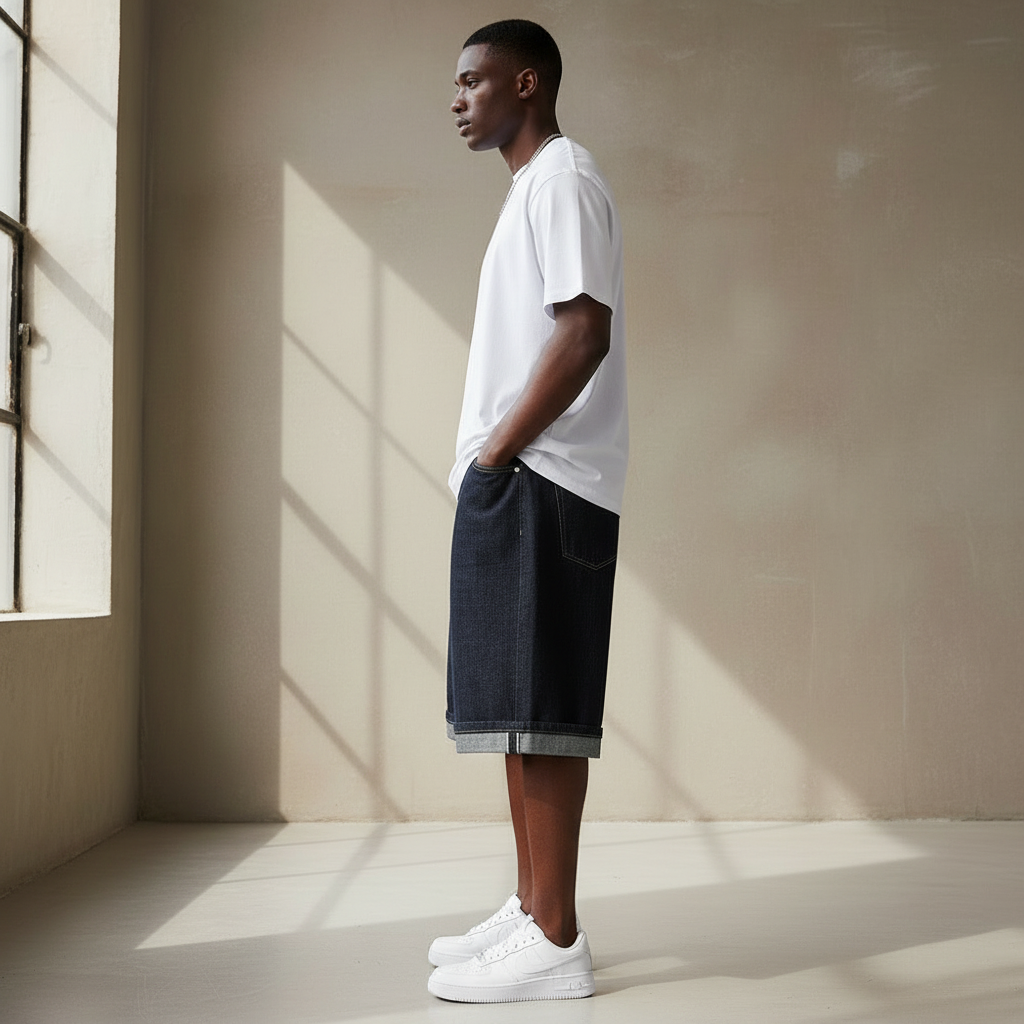 Side View of Black Model Wearing Raw Denim Shorts