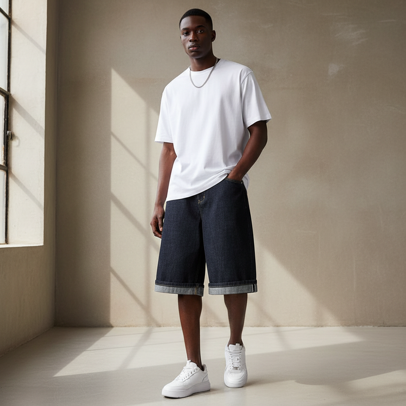 Black Model Wearing Raw Denim Shorts