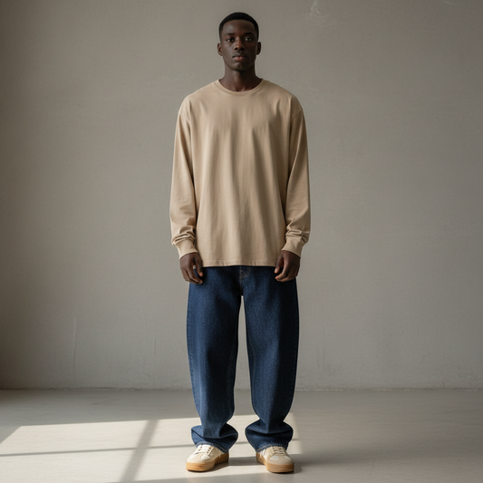 Front View - Beige/Tan Long-Sleeve with Black Male Model