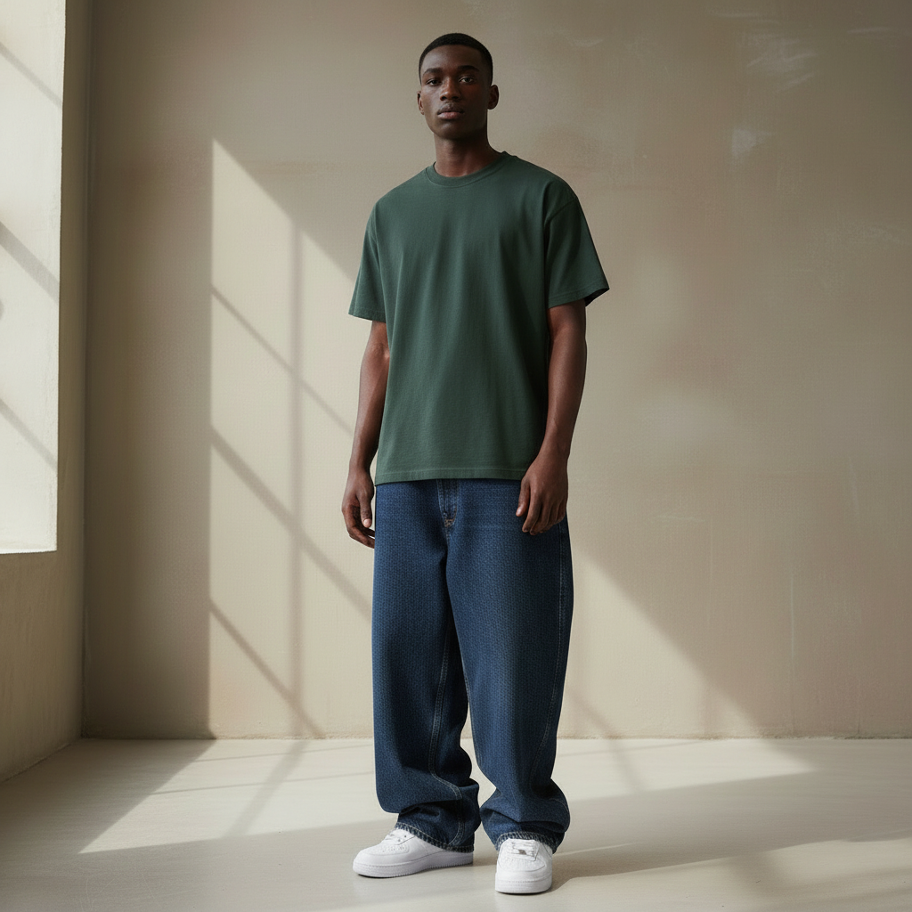 Front View - Green Basic Shirt with Baggy Raw Denim