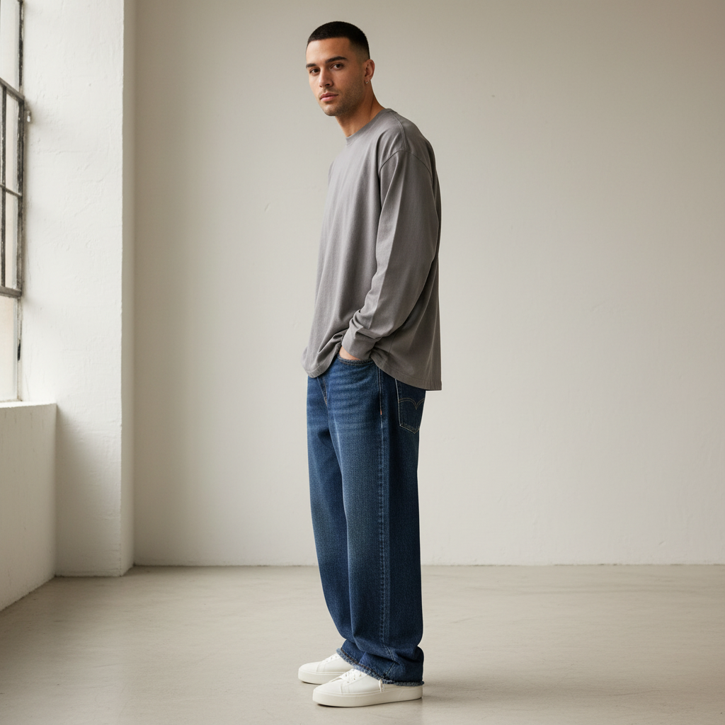Side View - Grey Long-Sleeve with Hispanic Male Model
