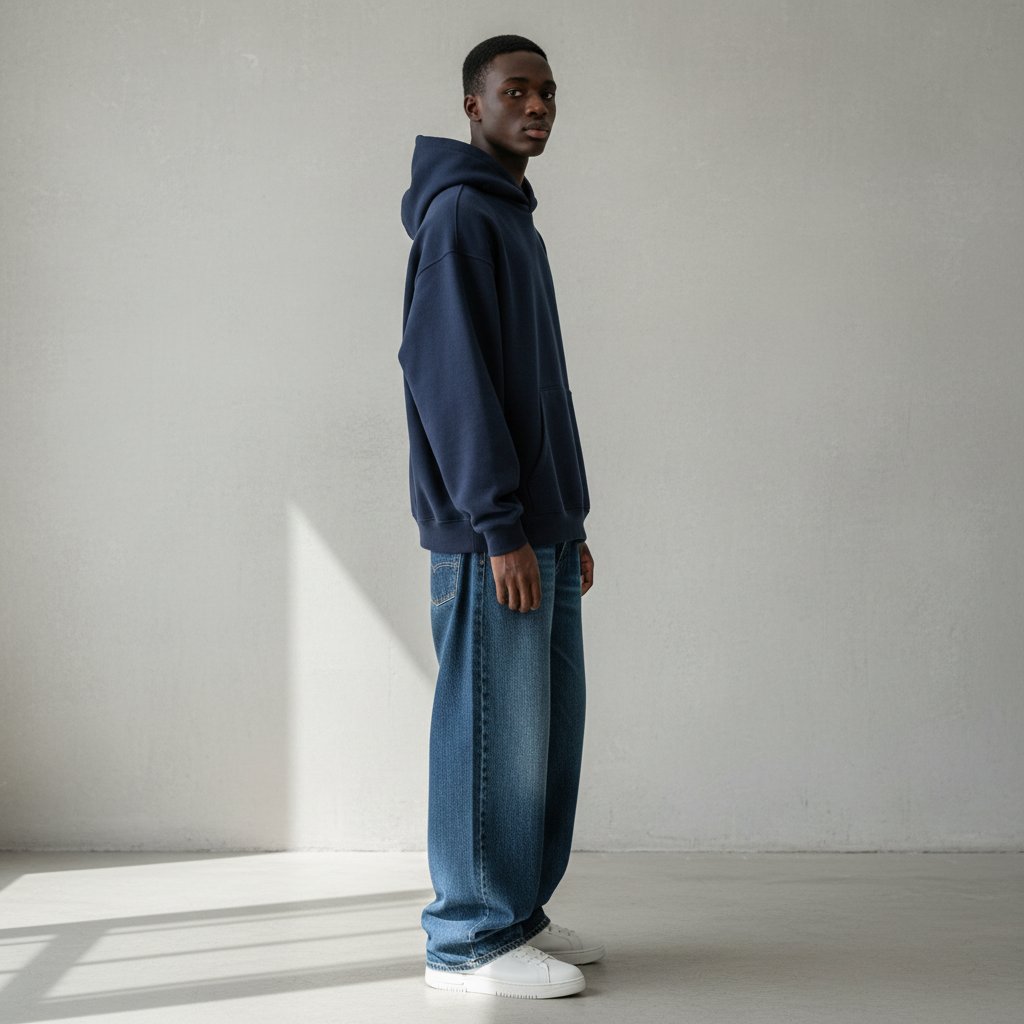 Side View - Navy Blue Oversized Boxy Hoodie