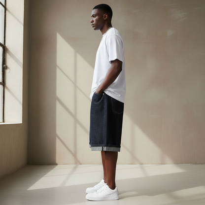 Side View of Black Model Wearing Raw Denim Shorts