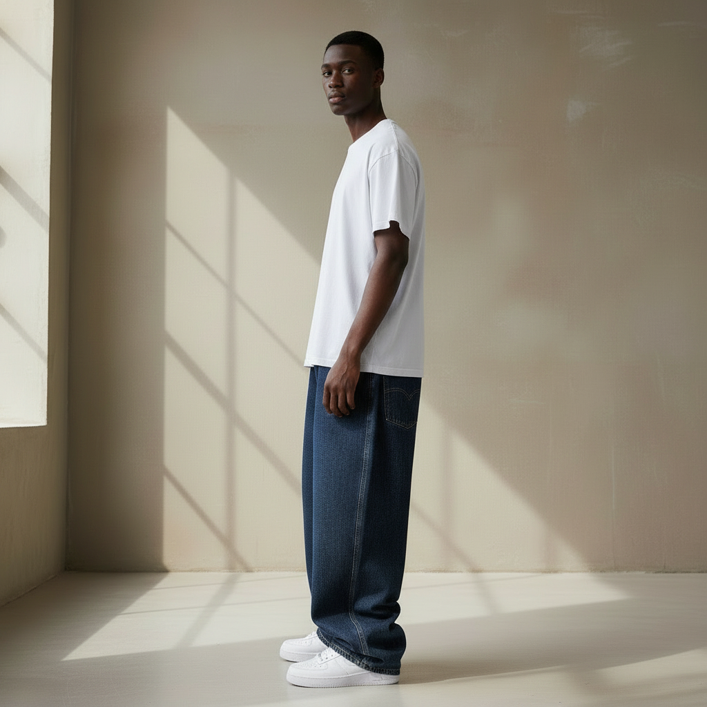 Side View - White Basic Shirt with Baggy Raw Denim