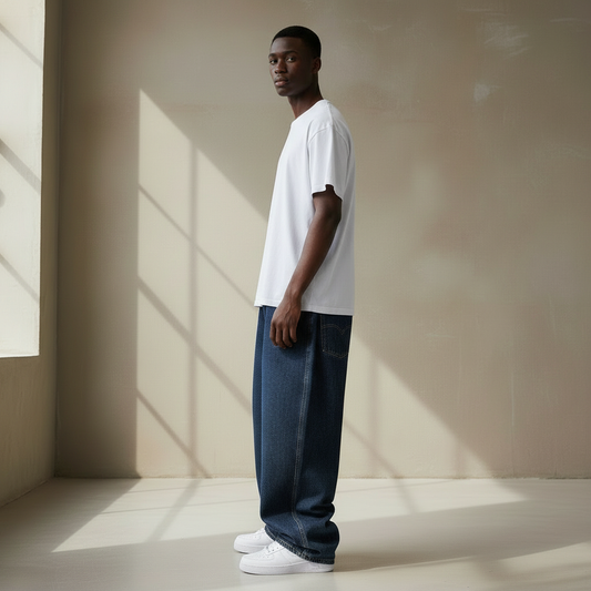 Side View - White Basic Shirt with Baggy Raw Denim