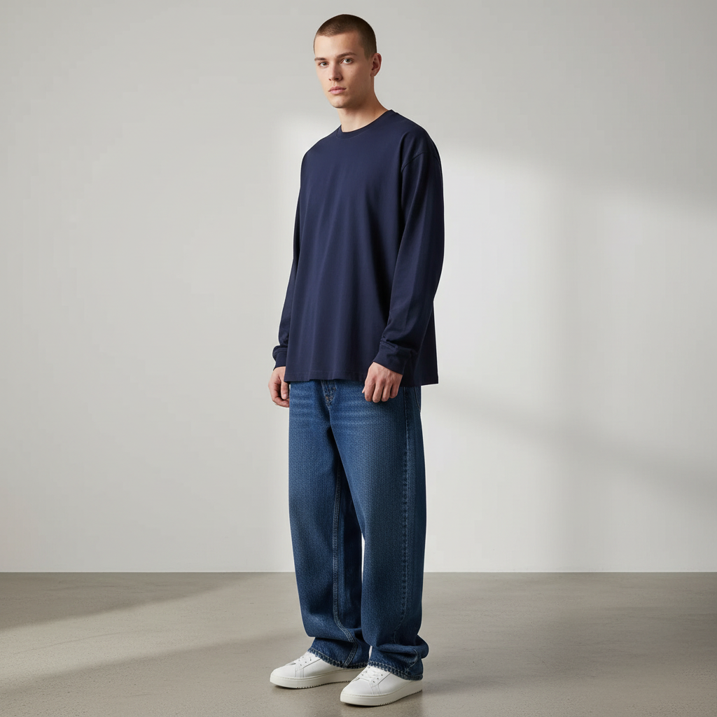 Three-Quarter Angle - Navy Blue Long-Sleeve with White Male Model